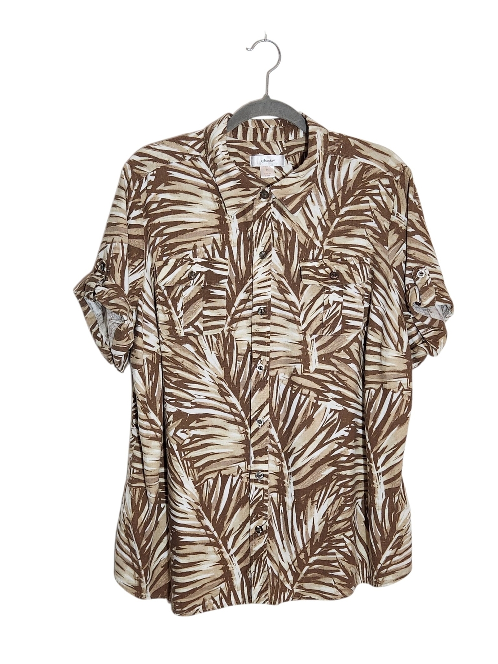 CJ Banks Linen Blend Brown and Tan Palm Print Camp Shirt Size 2X